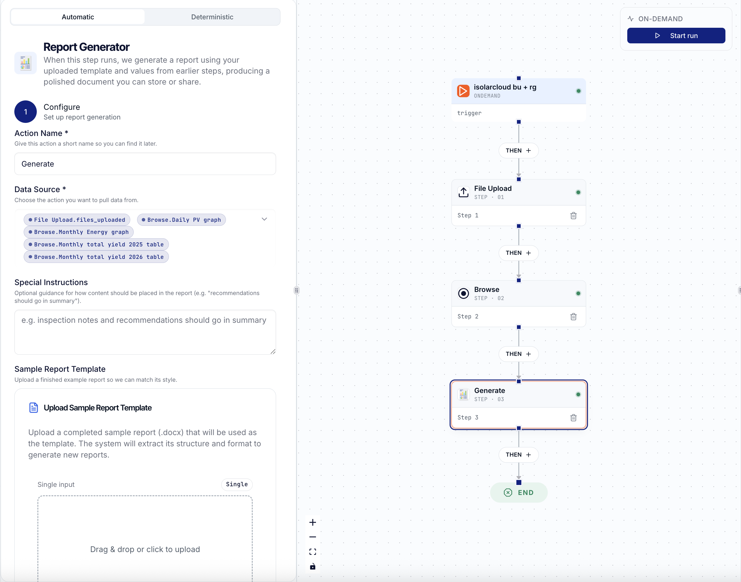A Fuze report-generation workflow: file upload, portal browse, and generate steps